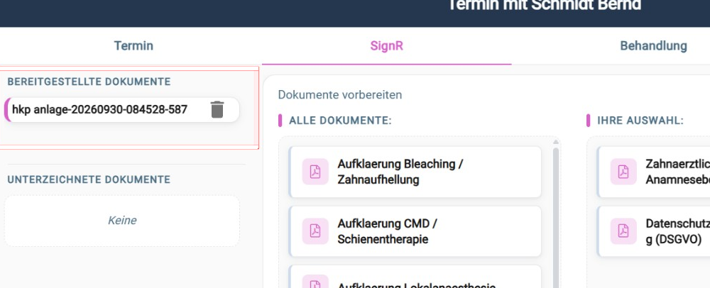 Termindialog SignR mit bereitgestelltem Dokument und weiteren Dokumentvorlagen