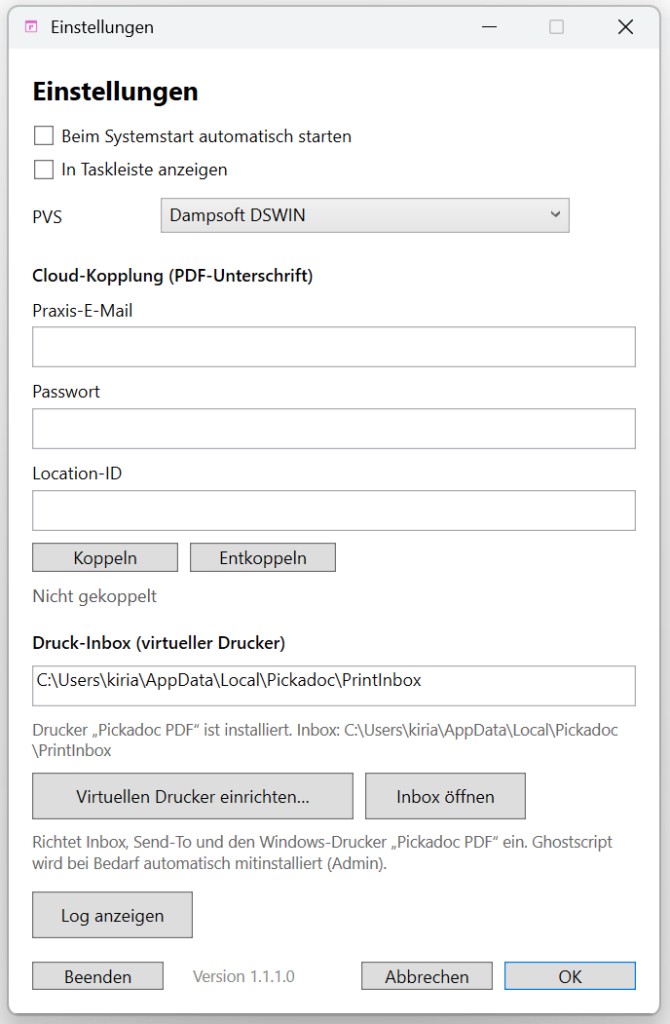 Einstellungen des Pickadoc-Konnektors: Autostart, PVS, Cloud-Kopplung und Druck-Inbox