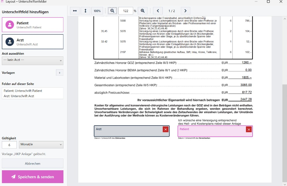PDF mit platzierten Unterschriftenfeldern für Patient und Arzt