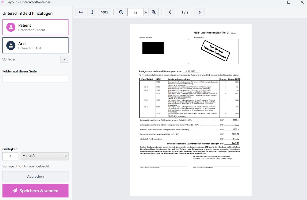 Layout-Fenster zum Setzen von Unterschriftenfeldern auf dem PDF