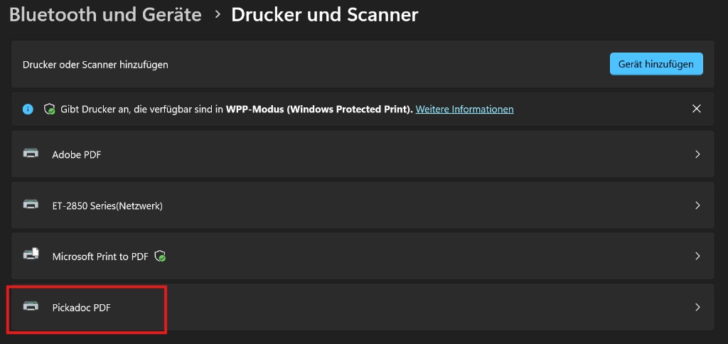 Windows Drucker und Scanner mit dem Eintrag Pickadoc PDF