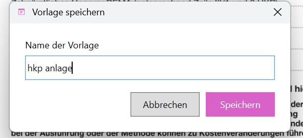 Dialog Vorlage speichern mit Name der Vorlage